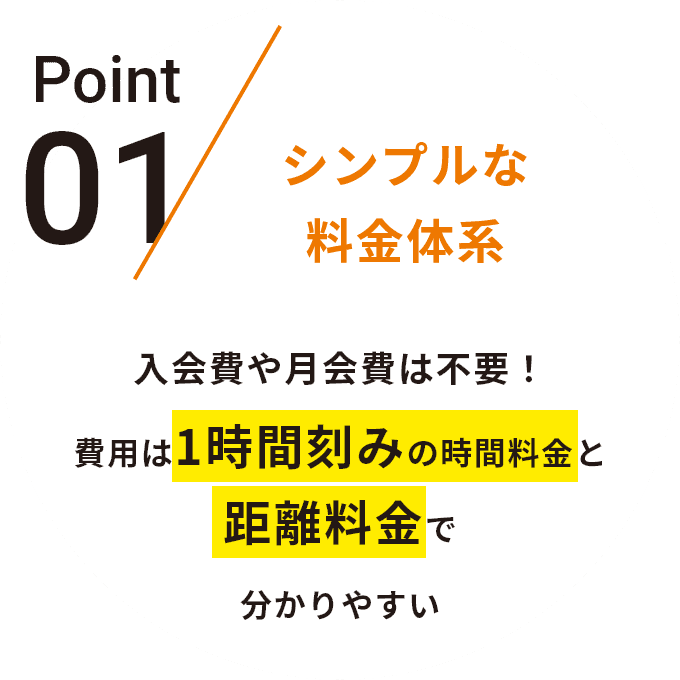 Point01シンプルな料金体系入会費や月会費は不要！費用は1時間刻みの時間料金と距離料金で分かりやすい