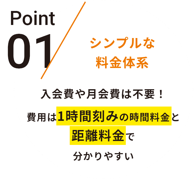 Point01シンプルな料金体系入会費や月会費は不要！費用は1時間刻みの時間料金と距離料金で分かりやすい